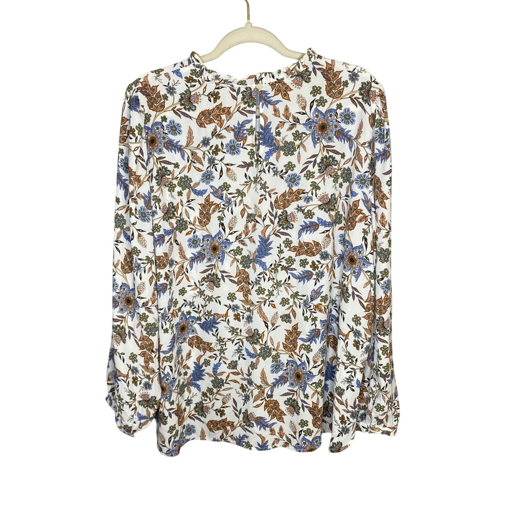 LOFT Womens XL Floral Paisley Pintuck Ruffle Neck Keyhole Back Blouse White Blue - Picture 2 of 12